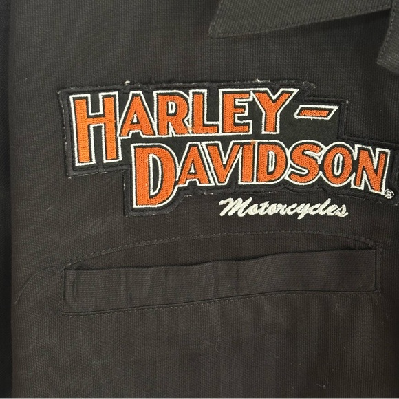 VTG HARLEY DAVIDSON Orange Black Mechanic Biker Shop Garage Sz XL Button Shirt - Picture 5 of 11